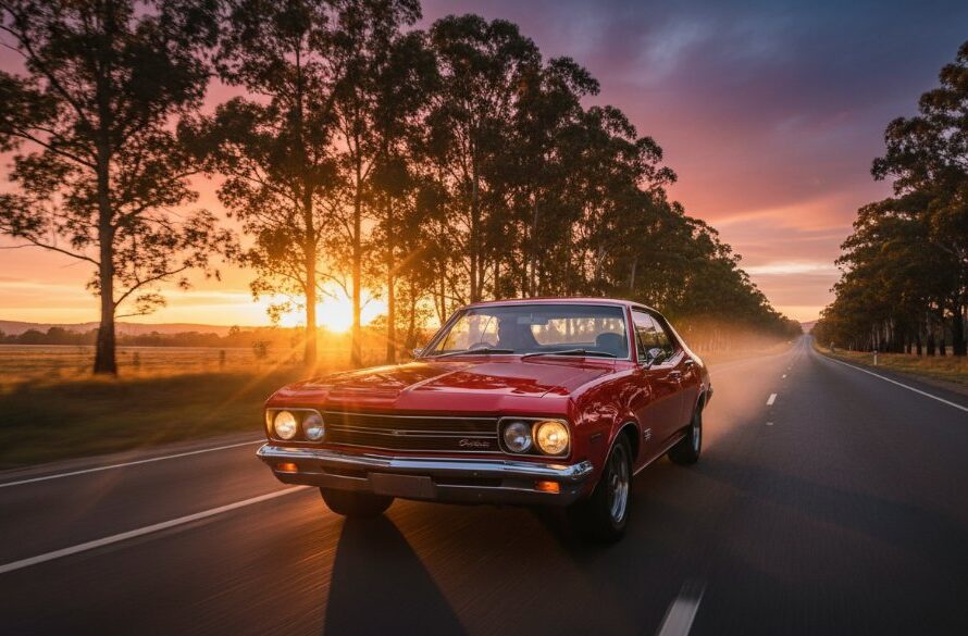 A dramatic 'epic moment' shot capturing a pristine vintage muscle car, bathed in the golden hour light, parked majestically on a quiet road overlooking the serene Delacombe landscape, epitomising Delacombe bespoke classic car photography with incredible detail and rich colour.