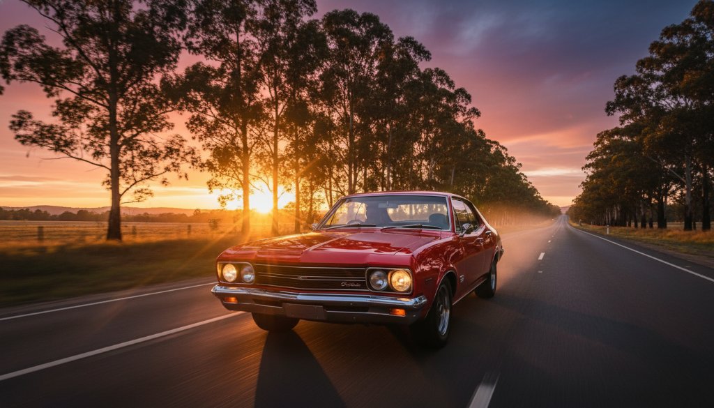 A dramatic 'epic moment' shot capturing a pristine vintage muscle car, bathed in the golden hour light, parked majestically on a quiet road overlooking the serene Delacombe landscape, epitomising Delacombe bespoke classic car photography with incredible detail and rich colour.