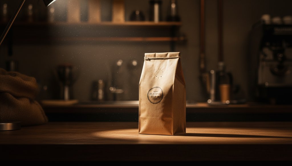 Dramatic low-angle shot of a beautifully lit artisan product, perhaps a handcrafted ceramic mug with steam rising, on a rustic wooden workbench in a modern Delacombe workshop, captured with Delacombe bespoke product advertising photography, evoking craftsmanship and quality.