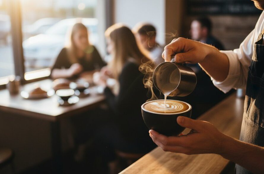 A masterfully composed shot of a barista pouring latte art into a coffee cup, surrounded by an array of styled pastries and a rustic wooden menu board, showcasing exquisite Delacombe café menu photography styling in a warm, inviting Delacombe café.