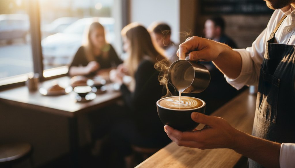 A masterfully composed shot of a barista pouring latte art into a coffee cup, surrounded by an array of styled pastries and a rustic wooden menu board, showcasing exquisite Delacombe café menu photography styling in a warm, inviting Delacombe café.