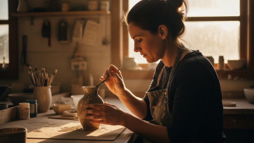 An epic moment of a local Delacombe artisan passionately crafting custom pottery in their sunlit studio, beautifully captured by Delacombe editorial photography local storytelling, showcasing dedication and skill.