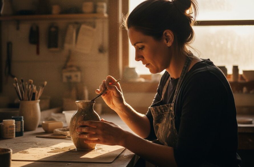 An epic moment of a local Delacombe artisan passionately crafting custom pottery in their sunlit studio, beautifully captured by Delacombe editorial photography local storytelling, showcasing dedication and skill.