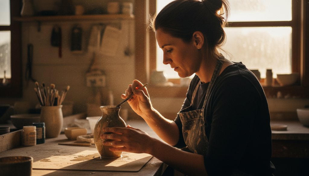 An epic moment of a local Delacombe artisan passionately crafting custom pottery in their sunlit studio, beautifully captured by Delacombe editorial photography local storytelling, showcasing dedication and skill.