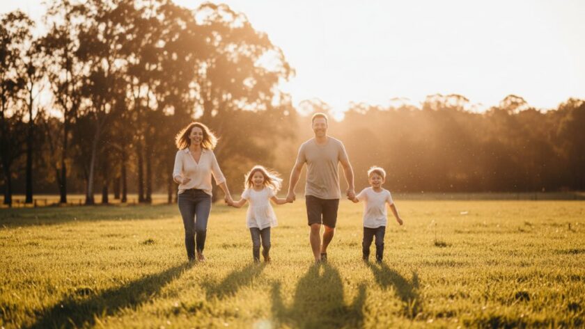 An epic, emotionally resonant photograph capturing a Delacombe family photography natural light storytelling moment, with parents joyfully spinning their young child amidst golden hour glow in a picturesque Delacombe park, evoking warmth and connection, professionally colour-graded with dramatic lighting.