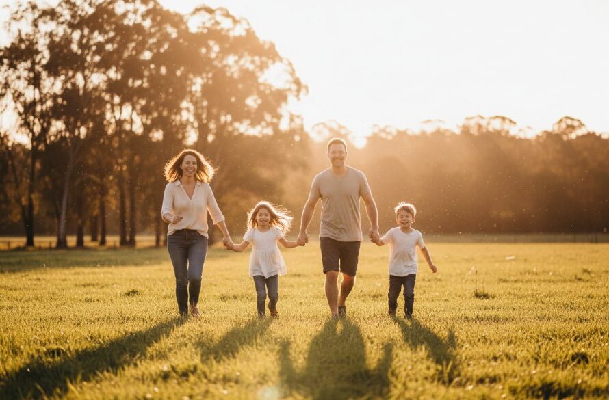 An epic, emotionally resonant photograph capturing a Delacombe family photography natural light storytelling moment, with parents joyfully spinning their young child amidst golden hour glow in a picturesque Delacombe park, evoking warmth and connection, professionally colour-graded with dramatic lighting.