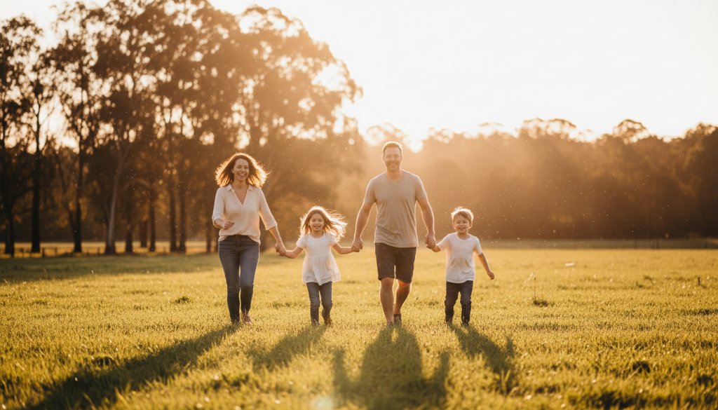 An epic, emotionally resonant photograph capturing a Delacombe family photography natural light storytelling moment, with parents joyfully spinning their young child amidst golden hour glow in a picturesque Delacombe park, evoking warmth and connection, professionally colour-graded with dramatic lighting.