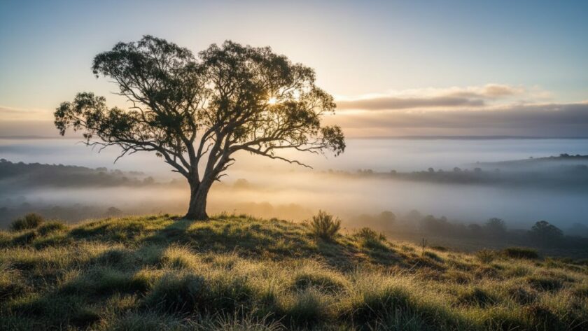 A breathtaking Delacombe Fine Art Photography Victorian Landscape featuring golden hour light illuminating ancient gum trees silhouetted against a dramatic, cloudy sky, capturing a profound sense of peace and natural grandeur.