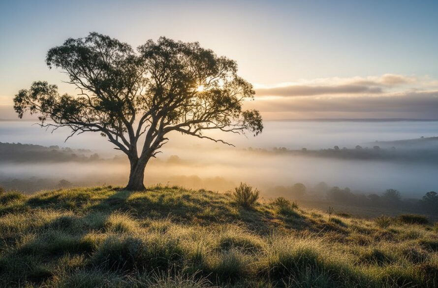 A breathtaking Delacombe Fine Art Photography Victorian Landscape featuring golden hour light illuminating ancient gum trees silhouetted against a dramatic, cloudy sky, capturing a profound sense of peace and natural grandeur.