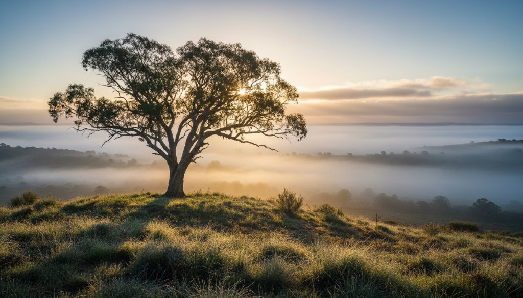 A breathtaking Delacombe Fine Art Photography Victorian Landscape featuring golden hour light illuminating ancient gum trees silhouetted against a dramatic, cloudy sky, capturing a profound sense of peace and natural grandeur.