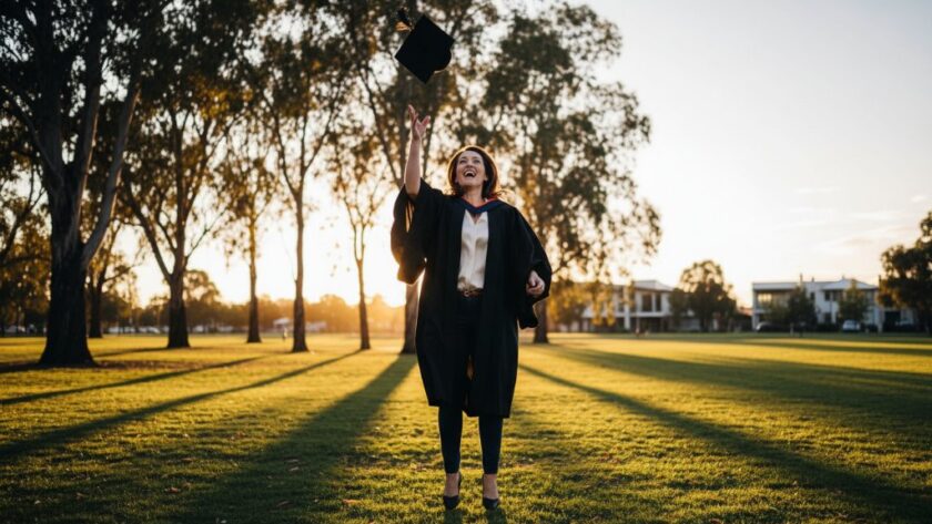An epic moment of a smiling graduate in Delacombe, celebrating with their cap thrown in the air against a vibrant Delacombe backdrop, expertly captured by Image by SD, showcasing Delacombe graduation photography capturing your academic milestone.
