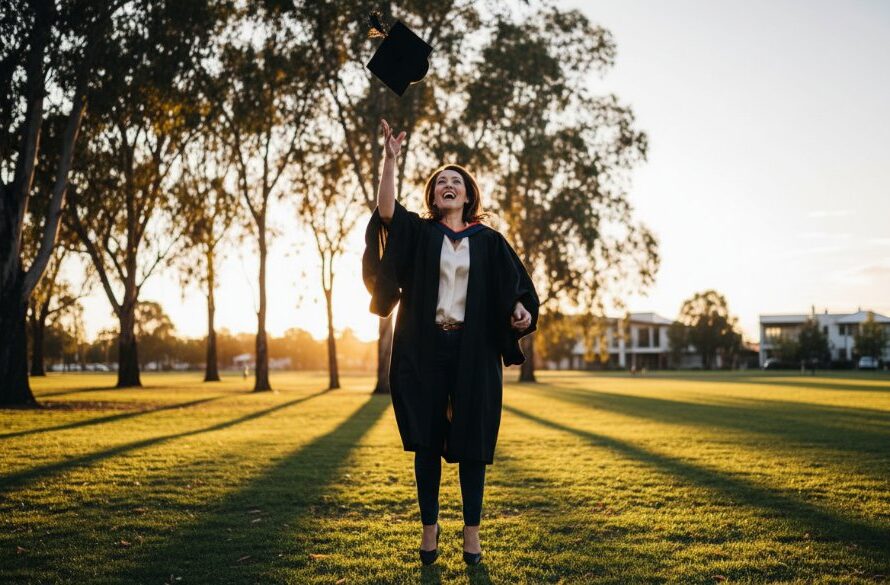 An epic moment of a smiling graduate in Delacombe, celebrating with their cap thrown in the air against a vibrant Delacombe backdrop, expertly captured by Image by SD, showcasing Delacombe graduation photography capturing your academic milestone.