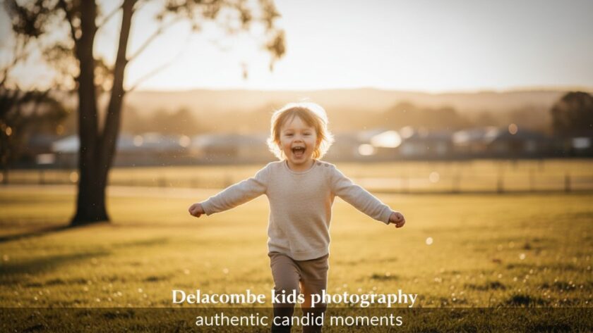 Delacombe kids photography authentic candid moments: A professional, color-graded photograph capturing a young child's exuberant laughter while running through golden-hour dappled sunlight in a Delacombe park, dirt path underfoot, trees blurring softly in the background, conveying pure, uninhibited joy and movement.