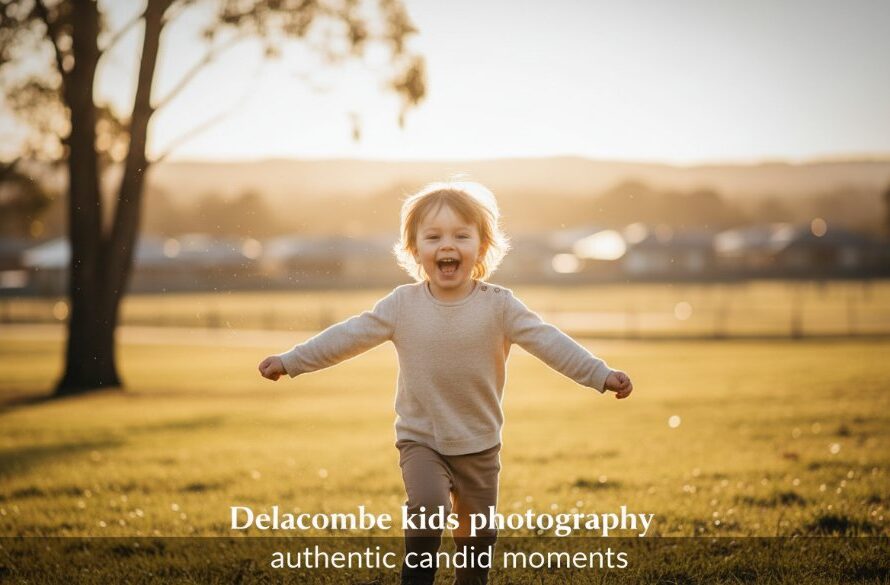 Delacombe kids photography authentic candid moments: A professional, color-graded photograph capturing a young child's exuberant laughter while running through golden-hour dappled sunlight in a Delacombe park, dirt path underfoot, trees blurring softly in the background, conveying pure, uninhibited joy and movement.
