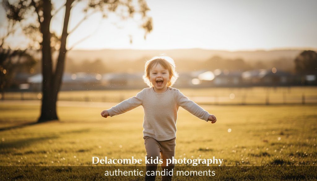 Delacombe kids photography authentic candid moments: A professional, color-graded photograph capturing a young child's exuberant laughter while running through golden-hour dappled sunlight in a Delacombe park, dirt path underfoot, trees blurring softly in the background, conveying pure, uninhibited joy and movement.