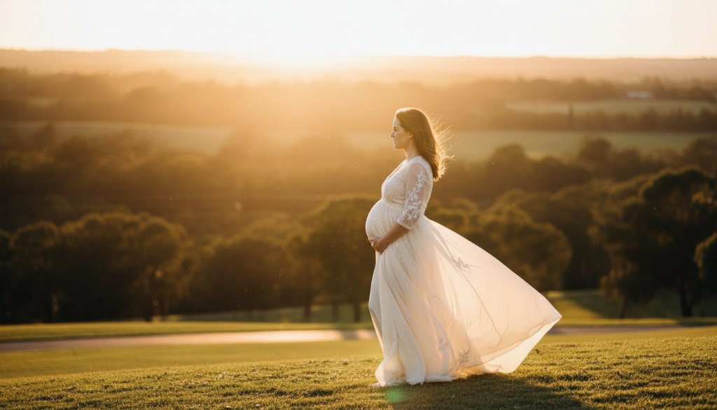 An expectant mother, illuminated by the warm, soft glow of the sun during a Delacombe maternity photography golden hour portraits session, stands gracefully amidst native Australian flora, her silhouette beautifully highlighted against the vibrant sunset sky, creating an epic moment of serene beauty.