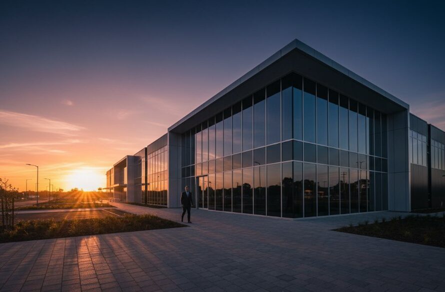 An epic moment photograph showcasing the intricate facade of a newly constructed, modern commercial building in Delacombe, Victoria, bathed in the golden light of a sunrise, highlighting the clean lines and reflective surfaces. This image exemplifies Delacombe modern architectural photography expertise.