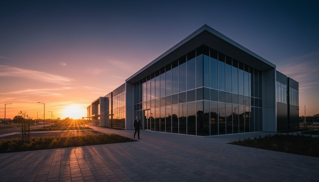 An epic moment photograph showcasing the intricate facade of a newly constructed, modern commercial building in Delacombe, Victoria, bathed in the golden light of a sunrise, highlighting the clean lines and reflective surfaces. This image exemplifies Delacombe modern architectural photography expertise.