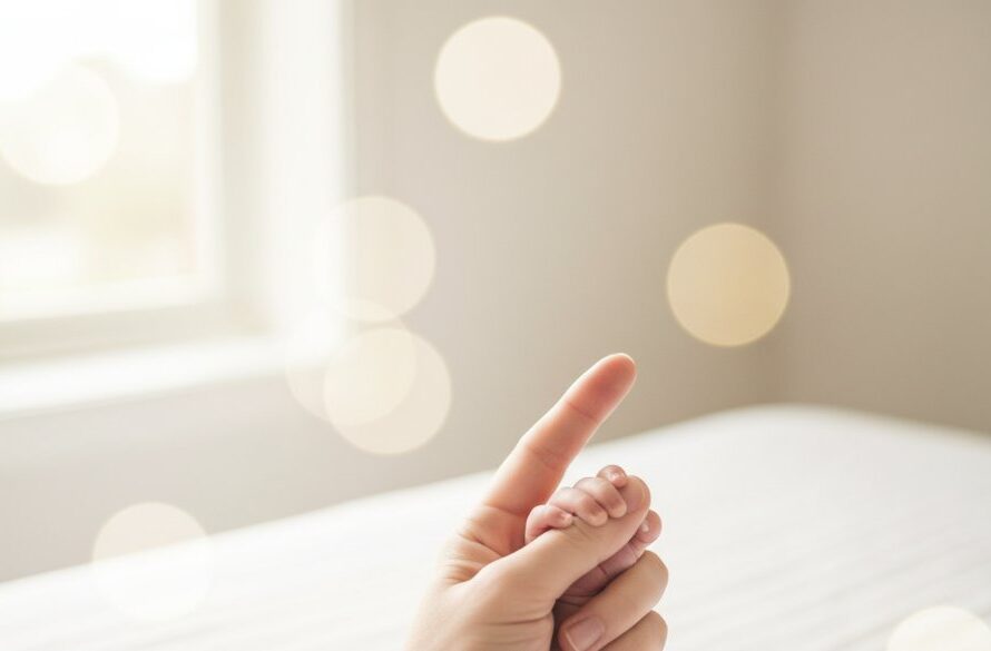A tender, high-key portrait featuring a newborn baby wrapped in a soft, white blanket, gently held in a parent's hands, bathed in ethereal natural light from a window, symbolizing delacombe newborn photography cherished first moments victoria.