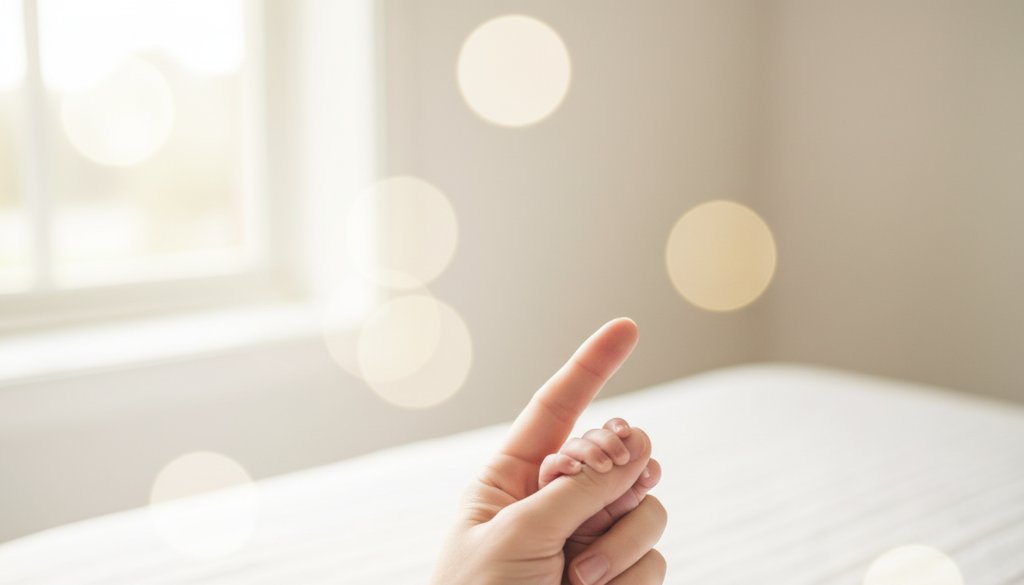 A tender, high-key portrait featuring a newborn baby wrapped in a soft, white blanket, gently held in a parent's hands, bathed in ethereal natural light from a window, symbolizing delacombe newborn photography cherished first moments victoria.