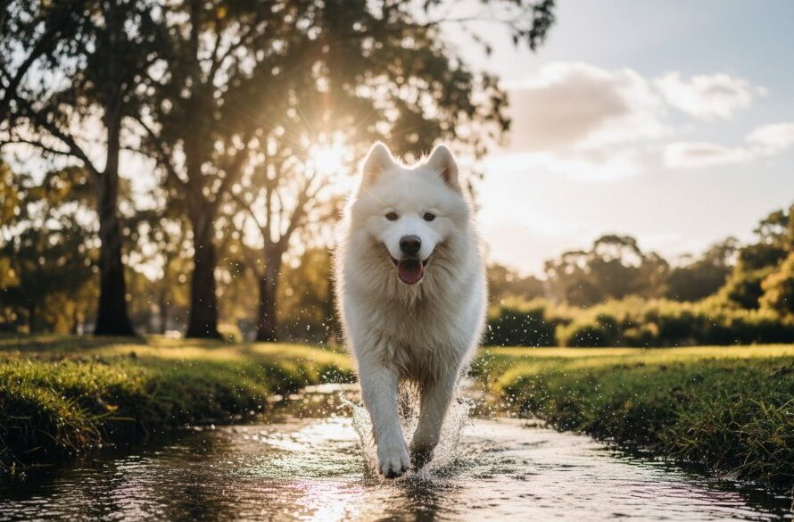 A majestic golden retriever joyfully bounding through an open field at sunset in Delacombe, its fur glowing with golden light, with its owner laughing in the background, captured as an "epic moment" during a Delacombe pet photography unforgettable furry friend portraits session, with professional dramatic lighting and warm color grading.