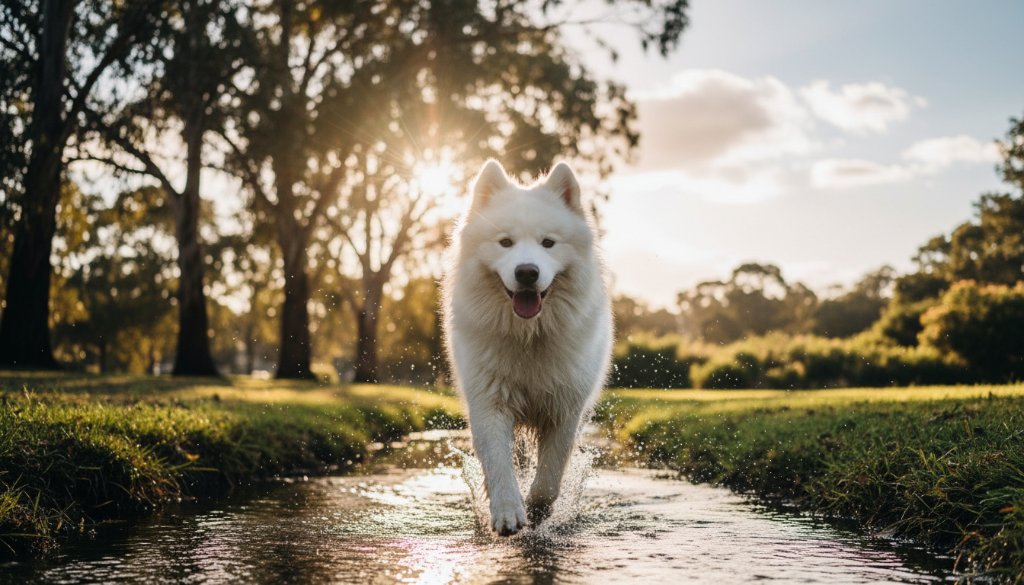 A majestic golden retriever joyfully bounding through an open field at sunset in Delacombe, its fur glowing with golden light, with its owner laughing in the background, captured as an "epic moment" during a Delacombe pet photography unforgettable furry friend portraits session, with professional dramatic lighting and warm color grading.