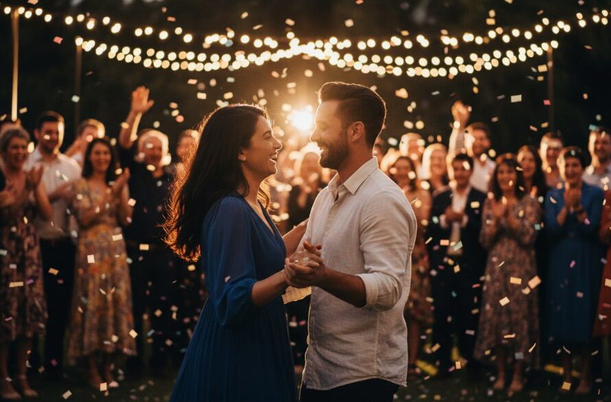 An epic moment captured by Delacombe professional event photography for vibrant milestone celebrations: a wide-angle shot of a couple dancing joyously under warm string lights at an outdoor evening event in Delacombe, with friends cheering in the softly blurred background, showcasing candid emotion and festive atmosphere.