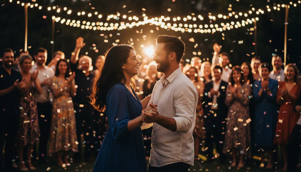 An epic moment captured by Delacombe professional event photography for vibrant milestone celebrations: a wide-angle shot of a couple dancing joyously under warm string lights at an outdoor evening event in Delacombe, with friends cheering in the softly blurred background, showcasing candid emotion and festive atmosphere.