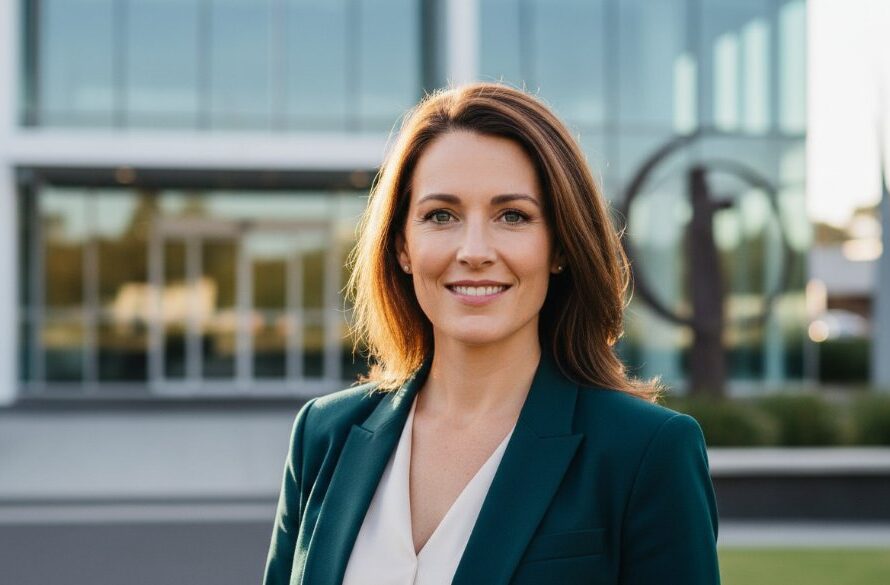 A confident Ballarat business leader in a stylish suit poses for dynamic Delacombe Professional Headshots, bathed in dramatic golden hour light against a modern Delacombe architectural backdrop, conveying authority and approachability.