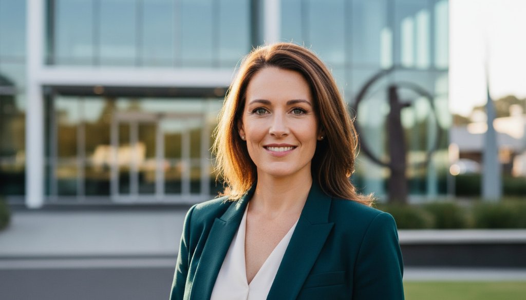 A confident Ballarat business leader in a stylish suit poses for dynamic Delacombe Professional Headshots, bathed in dramatic golden hour light against a modern Delacombe architectural backdrop, conveying authority and approachability.