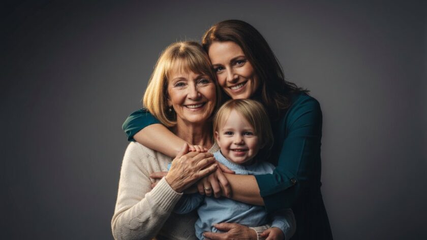 An emotive, professional studio portrait in Delacombe featuring a multigenerational family, bathed in warm, dramatic lighting, celebrating a significant family milestone. The image, a hero shot for Delacombe studio photography capturing family milestones, shows genuine connection and joy, expertly color-graded with a cinematic feel.