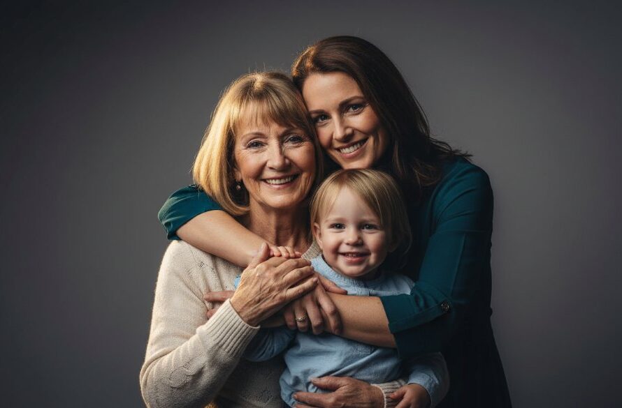 An emotive, professional studio portrait in Delacombe featuring a multigenerational family, bathed in warm, dramatic lighting, celebrating a significant family milestone. The image, a hero shot for Delacombe studio photography capturing family milestones, shows genuine connection and joy, expertly color-graded with a cinematic feel.