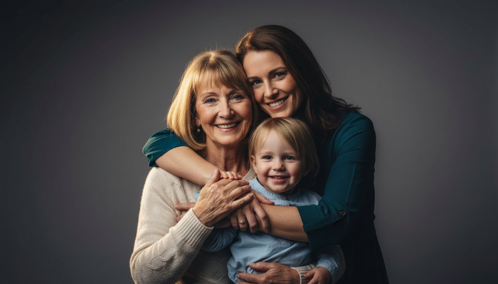 An emotive, professional studio portrait in Delacombe featuring a multigenerational family, bathed in warm, dramatic lighting, celebrating a significant family milestone. The image, a hero shot for Delacombe studio photography capturing family milestones, shows genuine connection and joy, expertly color-graded with a cinematic feel.