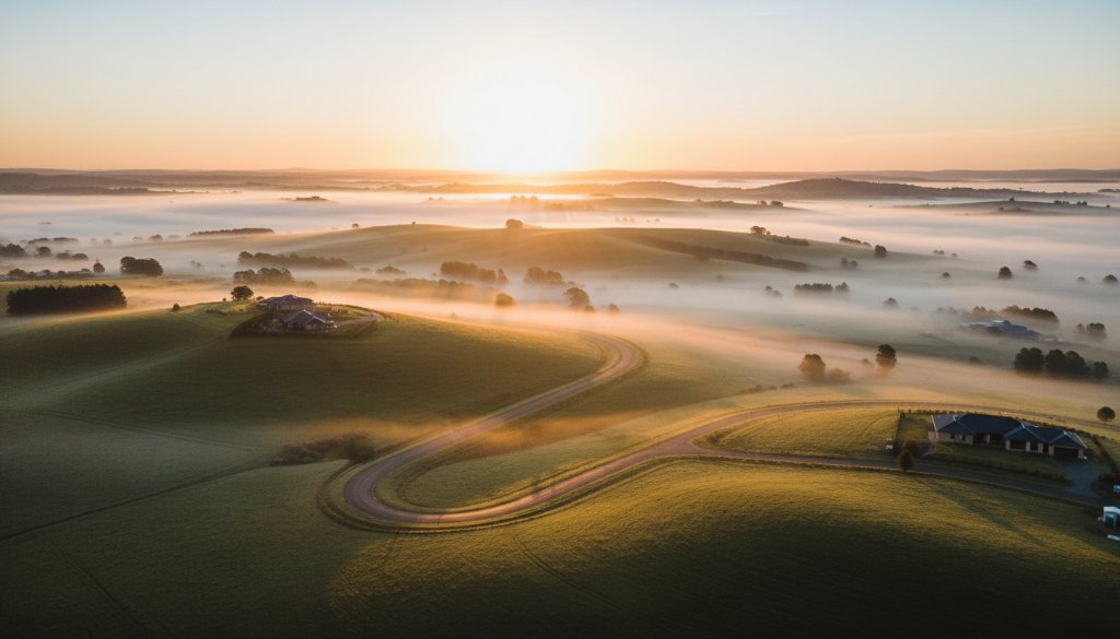 An epic aerial shot capturing the stunning sunset over the rolling hills of Delacombe, Victoria, showcasing the captivating views of the rural landscape and distant town lights, taken by Delacombe Victoria drone photography captivating views experts.