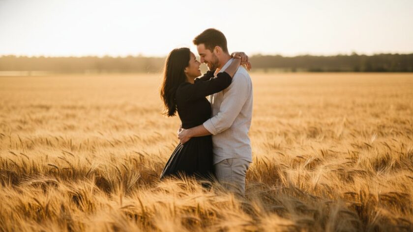 An epic moment captured in Delacombe Victoria rustic engagement photography, featuring a couple embracing warmly at sunset in a golden field, showcasing professional color grading and dramatic lighting.