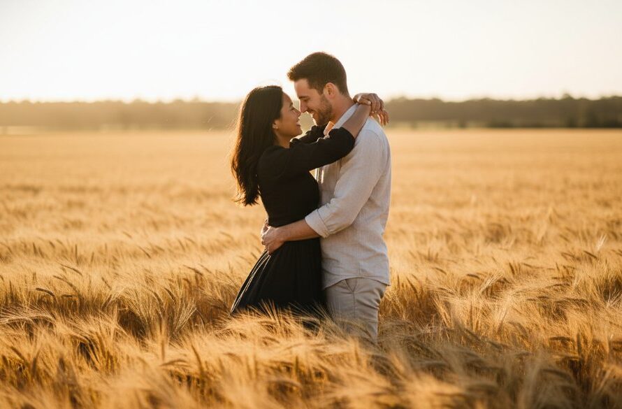 An epic moment captured in Delacombe Victoria rustic engagement photography, featuring a couple embracing warmly at sunset in a golden field, showcasing professional color grading and dramatic lighting.