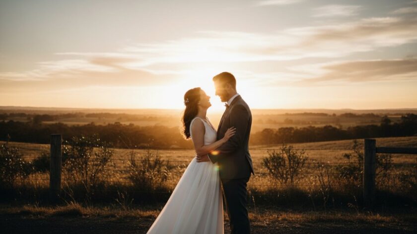 An intimate, emotionally charged photograph capturing the genuine joy of a newlywed couple in a golden-hour embrace, framed by the rustic charm of Delacombe's rural landscape, epitomizing Delacombe wedding photography capturing genuine joy with dramatic lighting.