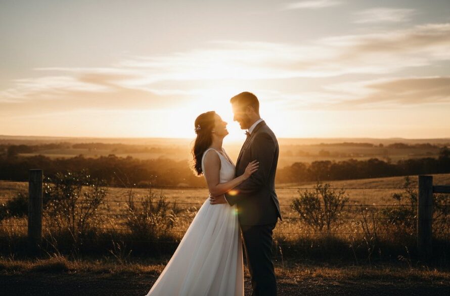 An intimate, emotionally charged photograph capturing the genuine joy of a newlywed couple in a golden-hour embrace, framed by the rustic charm of Delacombe's rural landscape, epitomizing Delacombe wedding photography capturing genuine joy with dramatic lighting.