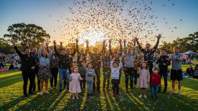 A vibrant, low-angle shot of a diverse group of people laughing and high-fiving at a community festival in Delahey, bathed in warm golden hour light, capturing the essence of Delahey community event photography storytelling with joyous expressions and confetti in the air.