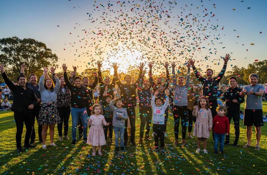 A vibrant, low-angle shot of a diverse group of people laughing and high-fiving at a community festival in Delahey, bathed in warm golden hour light, capturing the essence of Delahey community event photography storytelling with joyous expressions and confetti in the air.