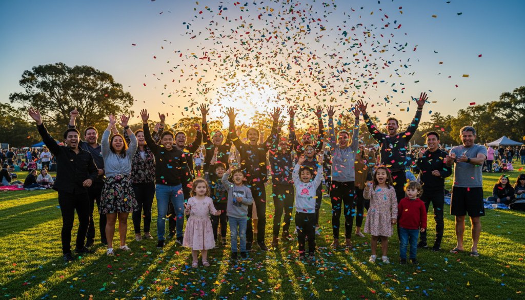 A vibrant, low-angle shot of a diverse group of people laughing and high-fiving at a community festival in Delahey, bathed in warm golden hour light, capturing the essence of Delahey community event photography storytelling with joyous expressions and confetti in the air.
