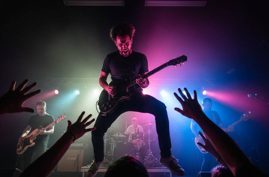 A dynamic, wide-angle shot of a lead guitarist mid-shred under dramatic purple and blue stage lights at a vibrant Delahey live music venue, perfectly encapsulating Delahey concert photography capturing electrifying live music in Melbourne's north-west. The crowd's hands are visible in the foreground, blurred with motion, adding to the intense atmosphere.