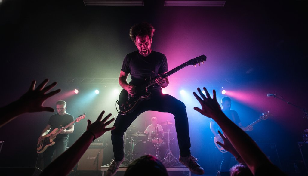 A dynamic, wide-angle shot of a lead guitarist mid-shred under dramatic purple and blue stage lights at a vibrant Delahey live music venue, perfectly encapsulating Delahey concert photography capturing electrifying live music in Melbourne's north-west. The crowd's hands are visible in the foreground, blurred with motion, adding to the intense atmosphere.