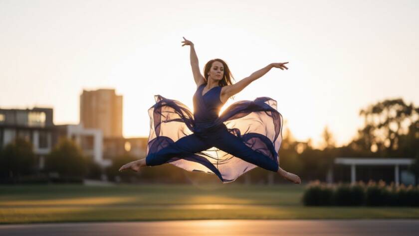 A powerful, cinematic photograph capturing Delahey dance photography capturing fluid motion of a contemporary dancer mid-leap at sunset near the Delahey Community Centre, showcasing dramatic light and a dynamic pose against a soft, blurred urban backdrop.