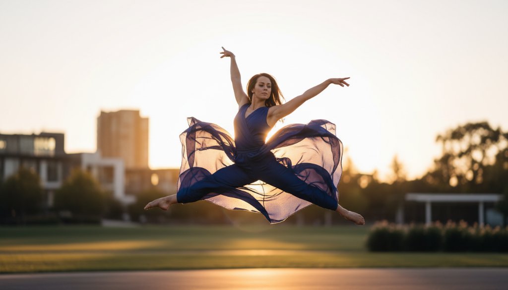 A powerful, cinematic photograph capturing Delahey dance photography capturing fluid motion of a contemporary dancer mid-leap at sunset near the Delahey Community Centre, showcasing dramatic light and a dynamic pose against a soft, blurred urban backdrop.