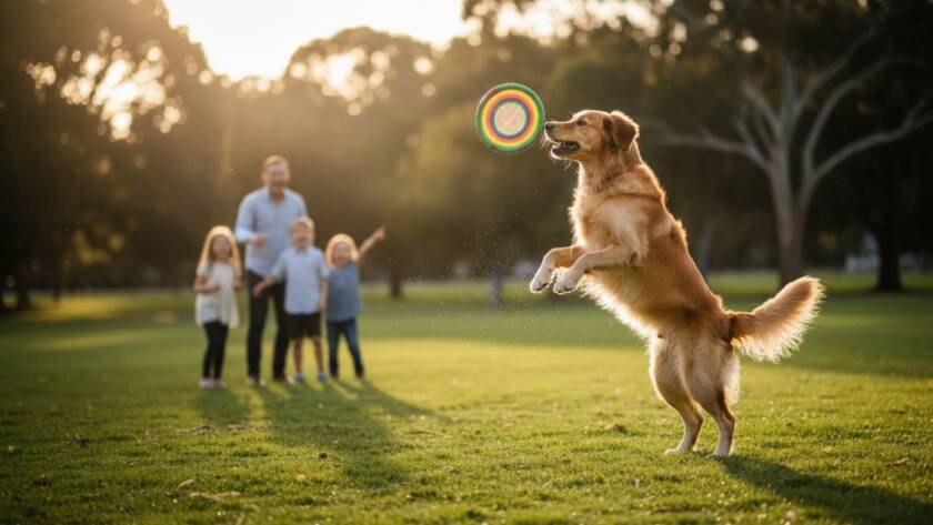 An epic moment captured in Delahey dog photography joyful family portraits, featuring a golden retriever mid-leap, fetching a frisbee in a sun-drenched park, surrounded by a laughing family, with the lush greenery of Delahey's parks in the background.