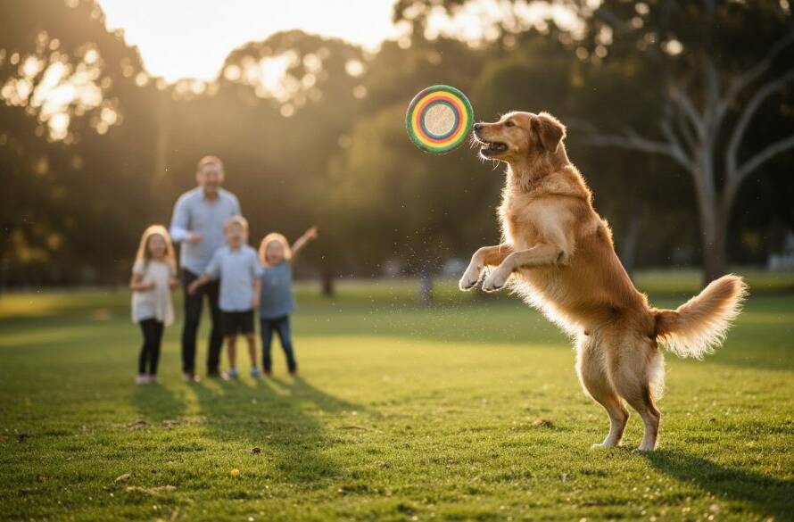 An epic moment captured in Delahey dog photography joyful family portraits, featuring a golden retriever mid-leap, fetching a frisbee in a sun-drenched park, surrounded by a laughing family, with the lush greenery of Delahey's parks in the background.