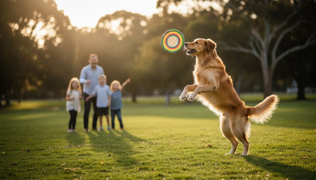 An epic moment captured in Delahey dog photography joyful family portraits, featuring a golden retriever mid-leap, fetching a frisbee in a sun-drenched park, surrounded by a laughing family, with the lush greenery of Delahey's parks in the background.