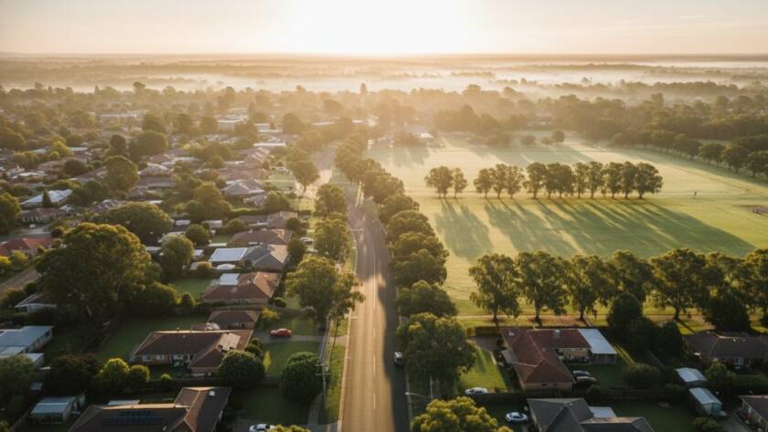 An awe-inspiring aerial view of Delahey showcasing its lush green reserves and residential areas at sunrise, with golden light illuminating the scene, perfect for Delahey drone photography capturing local landscapes.