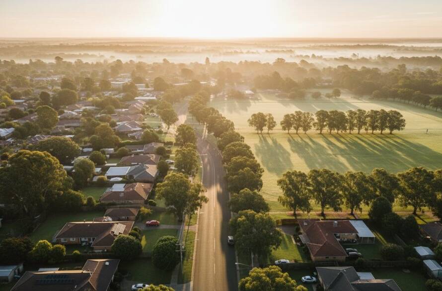 An awe-inspiring aerial view of Delahey showcasing its lush green reserves and residential areas at sunrise, with golden light illuminating the scene, perfect for Delahey drone photography capturing local landscapes.